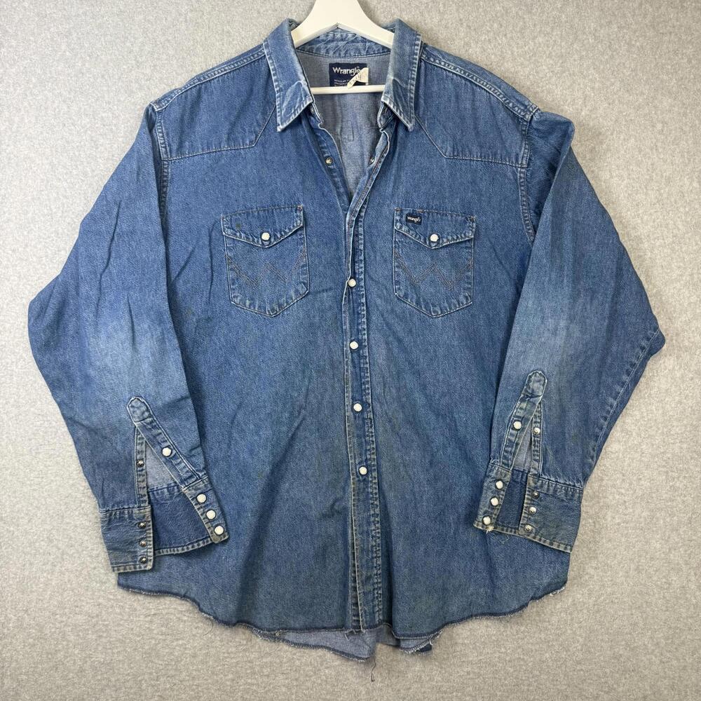 Wrangler Men's Size 3XL Chambray Blue Long Sleeve Casual Button Down Shirt